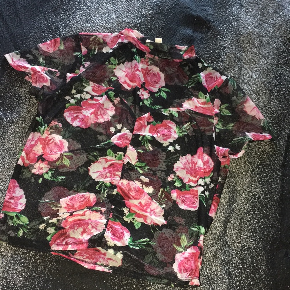 Flower Print Sheer Mock Neck Top